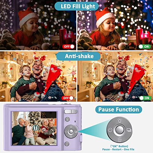 Digital Camera FHD 1080P 36MP Vlogging Camera Rechargeable Kids Camera with 16X Digital Zoom, LED Fill Light, LCD Screen, 2 Batteries, Compact Portable Pocket Camera for Teens Students (Purple)