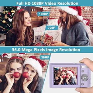 Digital Camera FHD 1080P 36MP Vlogging Camera Rechargeable Kids Camera with 16X Digital Zoom, LED Fill Light, LCD Screen, 2 Batteries, Compact Portable Pocket Camera for Teens Students (Purple)