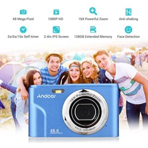 Andoer Portable Digital Camera 48MP 1080P 2.4-inch IPS Screen 16X Zoom Auto Focus Self-Timer 128GB Extended Memory Face Detection Anti-Shaking with 2pcs Batteries Hand Strap Carry Pouch