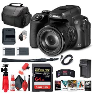 canon powershot sx70 hs digital camera (3071c001), 64gb memory card, corel photo software, lpe12 battery, charger, card reader, hdmi cable, soft bag, flex tripod + more (international model) (renewed)
