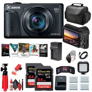 canon powershot sx740 hs digital camera (black) (2955c001), 2 x 64gb memory card, 3 x nb13l battery, corel photo software, charger, card reader, led light, soft bag + more (renewed)