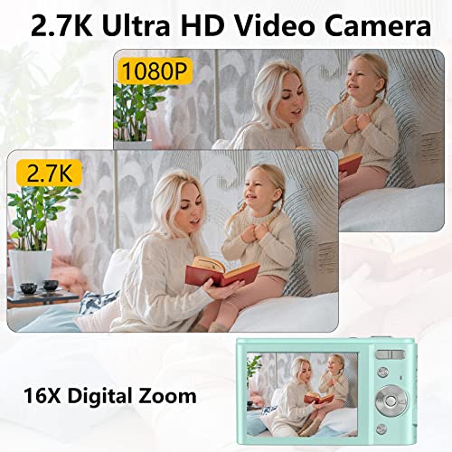 Digital Camera for Kids Boys and Girls - 2.7K 48MP Children's Camera with 32GB SD Card, Rechargeable Electronic Mini Camera for Students, Teens, Kids (Green)