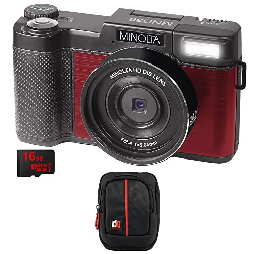 Minolta MND30-R 30MP 2.7K Ultra HD 4X Zoom Digital Camera (Red) Bundle with Deco Photo Point and Shoot Field Bag Camera Case (Black/Red)