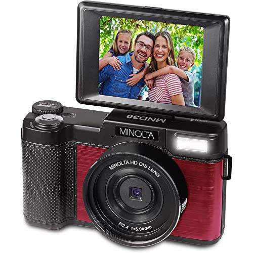 Minolta MND30-R 30MP 2.7K Ultra HD 4X Zoom Digital Camera (Red) Bundle with Deco Photo Point and Shoot Field Bag Camera Case (Black/Red)