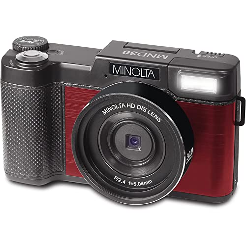 Minolta MND30-R 30MP 2.7K Ultra HD 4X Zoom Digital Camera (Red) Bundle with Deco Photo Point and Shoot Field Bag Camera Case (Black/Red)