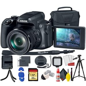 canon powershot sx70 hs digital camera (3071c001) with 32gb memory card, padded case, spider tripod, led light, extra battery, full size tripod, cleaning kit, and more (renewed)
