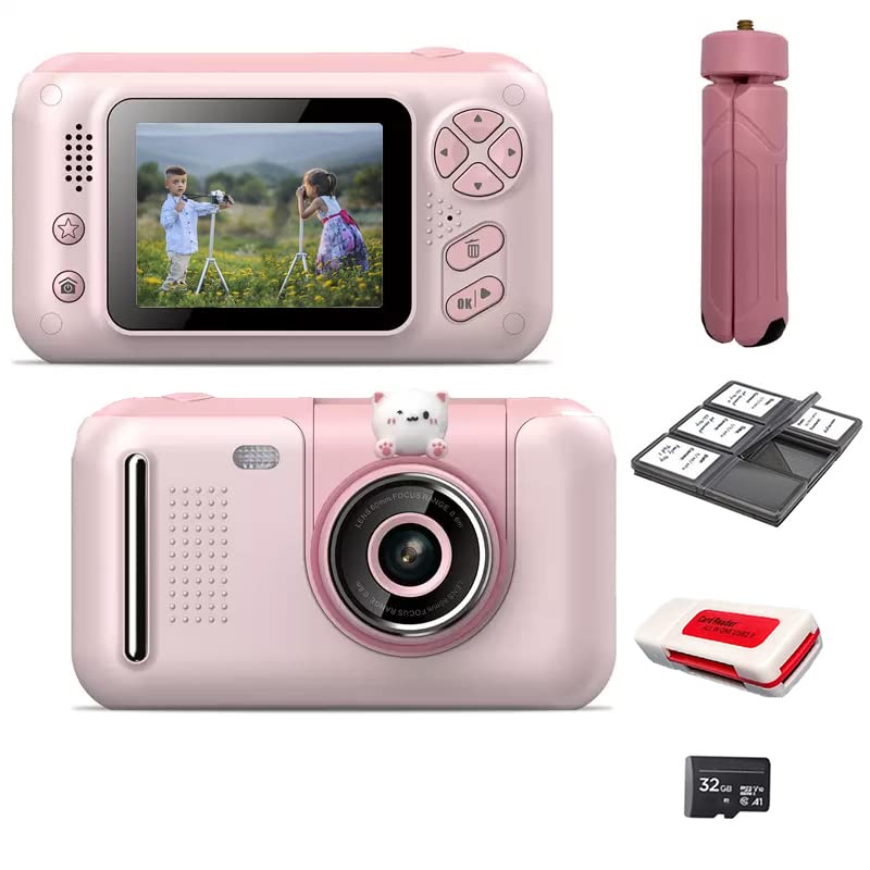 Acuvar Full 1080P Kids Selfie Flip Lens HD Digital Photo & Video Rechargeable Camera with 2" Screen, Matching Handheld Tripod, 32GB Card, Memory Card Case, Card Reader & Micro USB Charging (Pink Kit)