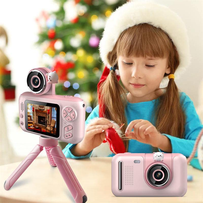 Acuvar Full 1080P Kids Selfie Flip Lens HD Digital Photo & Video Rechargeable Camera with 2" Screen, Matching Handheld Tripod, 32GB Card, Memory Card Case, Card Reader & Micro USB Charging (Pink Kit)