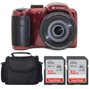 kodak pixpro az255 digital camera + sandisk 32gb memory card (2) + digital camera/video case (red)