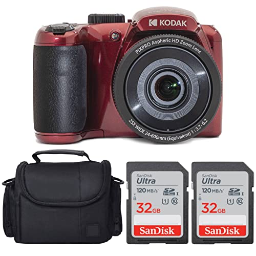 Kodak PIXPRO AZ255 Digital Camera + SanDisk 32GB Memory Card (2) + Digital Camera/Video Case (Red)