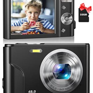 Digital Camera, Zostuic Autofocus 48MP Kids Camera with 32 GB Card 1080P Vlogging Camera with 16X Zoom, Compact Portable Mini Cameras for 4-15 Year Old Kids Children Teen Student Girls Boys(Black)