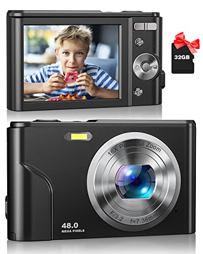 Digital Camera, Zostuic Autofocus 48MP Kids Camera with 32 GB Card 1080P Vlogging Camera with 16X Zoom, Compact Portable Mini Cameras for 4-15 Year Old Kids Children Teen Student Girls Boys(Black)