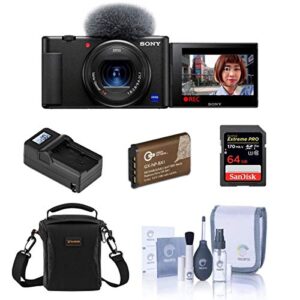 sony zv-1 compact 4k hd digital camera black essential bundle with bag, 64gb sd card, extra battery, compact charger, cleaning kit