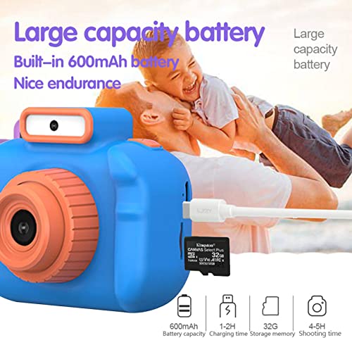 Portable Lightweight 1080P HD Children's Digital Camera, 4800 W Front and Rear,Video and Games,8xdigital Zoom,tf-Card Max 32g with Flashlight,800mah Battery,Gifts for Children (Blue)