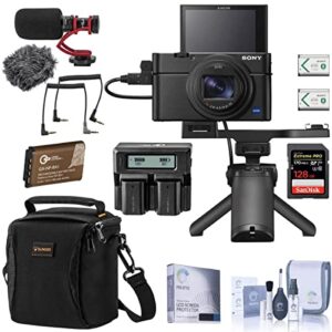 sony cyber-shot dsc-rx100 vii digital camera with shooting grip kit bundle with 128gb sd card, bag, on-camera mic, extra battery, dual charger and accessories