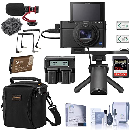 Sony Cyber-Shot DSC-RX100 VII Digital Camera with Shooting Grip Kit Bundle with 128GB SD Card, Bag, On-Camera Mic, Extra Battery, Dual Charger and Accessories