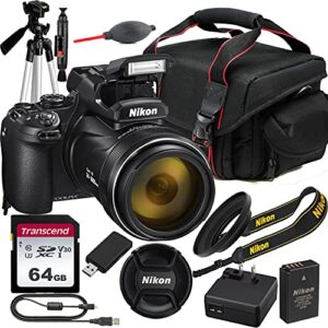 nikon coolpix p1000 digital camera w/nikkor 125x optical zoom lens, 64gb transcend sd memory card, tripod, bag, lens blower/cleaner and more (renewed)