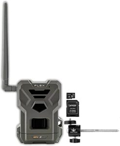 spypoint flex dual-sim cellular trail camera 33mp photos 1080p videos with sound and on-demand photo/video requests – gps enabled mount bundle with lexar 32gb micro sd card (1 pk)