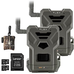 spypoint flex dual-sim cellular trail camera 33mp photos 1080p videos with sound and on-demand photo/video requests – gps enabled classic bundle with 32gb lexar sd card (2 pk)