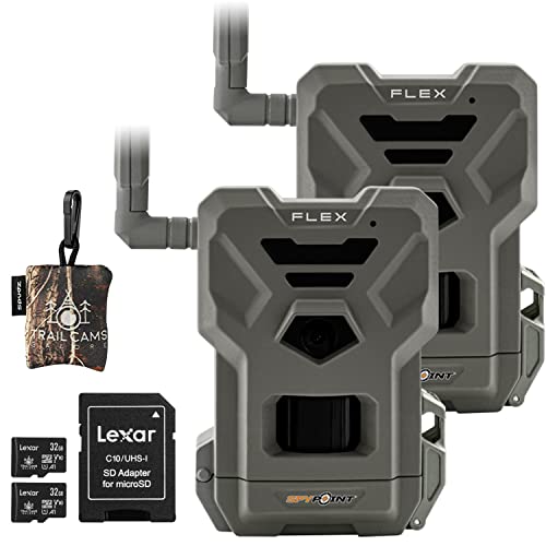 SPYPOINT Flex Dual-Sim Cellular Trail Camera 33MP Photos 1080p Videos with Sound and On-Demand Photo/Video Requests - GPS Enabled Classic Bundle with 32GB Lexar SD Card (2 PK)