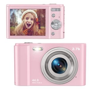 digital camera 44 mega pixels small camera 2.7k vlogging camera portable camera with 16x digital zoom, 2 batteries kids camera for students, teens (pink)