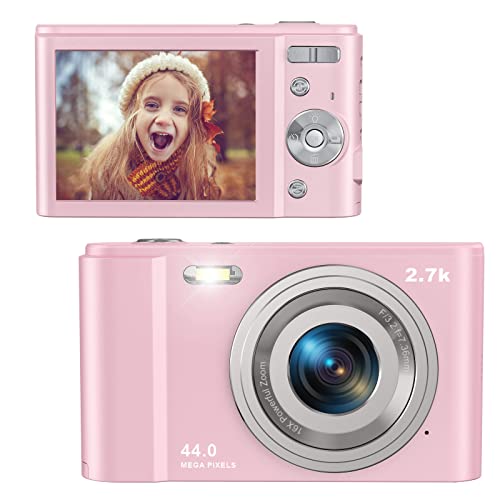 Digital Camera 44 Mega Pixels Small Camera 2.7K Vlogging Camera Portable Camera with 16X Digital Zoom, 2 Batteries Kids Camera for Students, Teens (Pink)