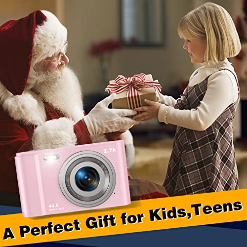 Digital Camera 44 Mega Pixels Small Camera 2.7K Vlogging Camera Portable Camera with 16X Digital Zoom, 2 Batteries Kids Camera for Students, Teens (Pink)