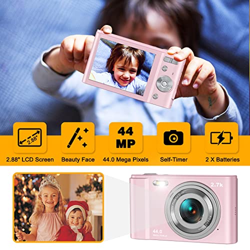 Digital Camera 44 Mega Pixels Small Camera 2.7K Vlogging Camera Portable Camera with 16X Digital Zoom, 2 Batteries Kids Camera for Students, Teens (Pink)