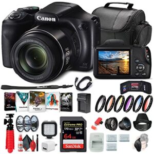 canon powershot sx540 hs digital camera (1067c001), 64gb card, 2 x nb-6l battery, color filter kit, filter kit, corel photo software, charger, card reader, led light + more (renewed)