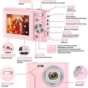 Digital Camera, AOREGRE FHD 1080P 36.0 MP Vlogging Camera with 16X Digital Zoom, 2.4 Inch LCD Screen, Compact Mini Small Camera Gift for Teens, Kids, Students (Pink)