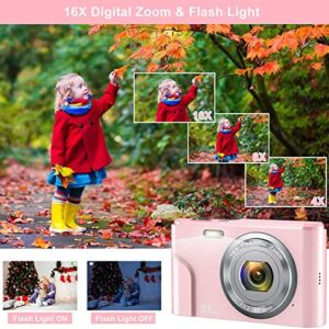 Digital Camera, AOREGRE FHD 1080P 36.0 MP Vlogging Camera with 16X Digital Zoom, 2.4 Inch LCD Screen, Compact Mini Small Camera Gift for Teens, Kids, Students (Pink)