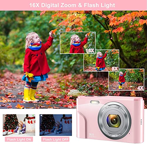 Digital Camera, AOREGRE FHD 1080P 36.0 MP Vlogging Camera with 16X Digital Zoom, 2.4 Inch LCD Screen, Compact Mini Small Camera Gift for Teens, Kids, Students (Pink)