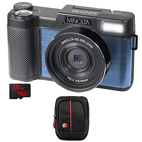 Minolta MND30-BL 30MP 2.7K Ultra HD 4X Zoom Digital Camera (Blue) Bundle with Deco Photo Point and Shoot Field Bag Camera Case (Black/Red)