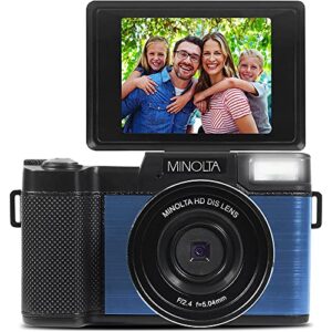 Minolta MND30-BL 30MP 2.7K Ultra HD 4X Zoom Digital Camera (Blue) Bundle with Deco Photo Point and Shoot Field Bag Camera Case (Black/Red)