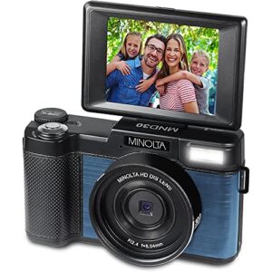 Minolta MND30-BL 30MP 2.7K Ultra HD 4X Zoom Digital Camera (Blue) Bundle with Deco Photo Point and Shoot Field Bag Camera Case (Black/Red)