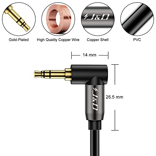 J&D AUX Cable, 15ft Stereo Aux Cord, 90 Degree Right Angle 1/8 AUX Cord Copper Shell 3.5mm Stereo Audio Auxiliary Cable for Phone Tablet MP3 Player and All Other Devices