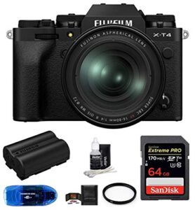 fujifilm x-t4 mirrorless digital camera with xf 16-80mm f/4 r ois wr lens (black) bundle, includes: sandisk 64gb extreme pro sdxc memory card, spare fujifilm np-w235 battery and more (7 items)