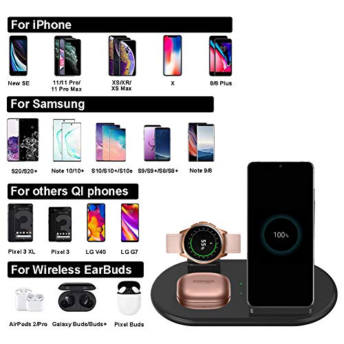 Aukvite Wireless Charging Station Samsung, 3 in 1 Wireless Charger for Galaxy Watch 4, Watch Active 2 and Galaxy Buds Pro, Phone Charger Stand Dock Compatible with Samsung Galaxy S22 S20,iPhone(Black)