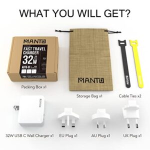 USB C Charger, MANTO 30W 2 Port PD Fast Charger with 20W USB-C Power Adapter, Foldable International Travel Adapter with UK US EU Australia Plug for iPhone, iPad, Galaxy, and More