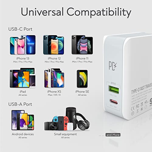 USB C Charger, MANTO 30W 2 Port PD Fast Charger with 20W USB-C Power Adapter, Foldable International Travel Adapter with UK US EU Australia Plug for iPhone, iPad, Galaxy, and More