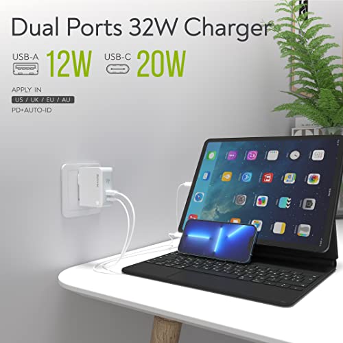 USB C Charger, MANTO 30W 2 Port PD Fast Charger with 20W USB-C Power Adapter, Foldable International Travel Adapter with UK US EU Australia Plug for iPhone, iPad, Galaxy, and More