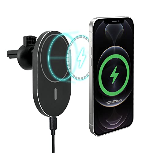 iHome Magnetic Wireless Charging Air Vent Car Mount, 10W, for iPhone 12/13, Compatible with MagSafe Cases (Black)