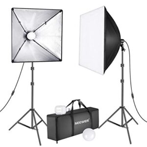 neewer upgraded 450w led photography softbox lighting kit: (2) 24×24 inches softbox with e27 socket and 5500k instant brightness energy saving led bulbs and stand for photo studio video shooting