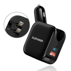 Car Charger, Elepower 2 in 1 Car and Wall Charger Dual Port USB & Type C Foldable Plug 25W Power Adapter for iPhone 14 13 12Pro Max/XR/ 8 7, iPad Pro 12.9 11 10.2/Air 4 /Mini, Galaxy GPS LG- Black