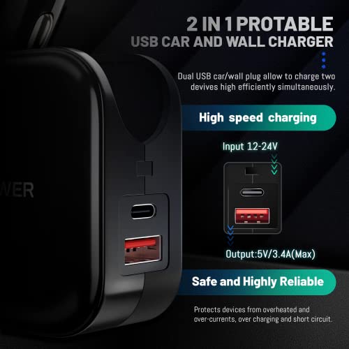 Car Charger, Elepower 2 in 1 Car and Wall Charger Dual Port USB & Type C Foldable Plug 25W Power Adapter for iPhone 14 13 12Pro Max/XR/ 8 7, iPad Pro 12.9 11 10.2/Air 4 /Mini, Galaxy GPS LG- Black