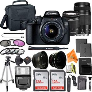 canon eos 4000d / rebel t100 dslr camera 18-55mm & 75-300mm lens + zeetech accessory bundle with 2 pack sandisk 128gb memory card, case, tripod and telephoto & wideangle lenses kit (renewed)