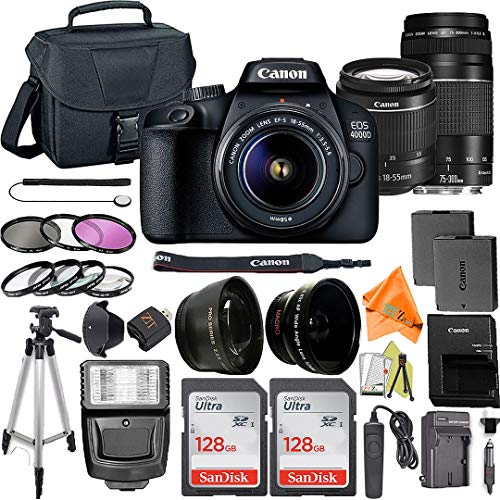 Canon EOS 4000D / Rebel T100 DSLR Camera 18-55mm & 75-300mm Lens + ZeeTech Accessory Bundle with 2 Pack SanDisk 128GB Memory Card, Case, Tripod and Telephoto & Wideangle Lenses Kit (Renewed)