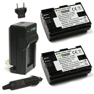 wasabi power lp-e6, lp-e6n battery (2-pack) and charger for canon eos 5d mark ii/iii/iv, 5ds, 5ds r, 6d, 6d mark ii, 7d, 7d mark ii, 60d, 70d, 80d, 90d, r, r5, r6, ra, xc10, xc15, bmpcc 4k, bmpcc 6k