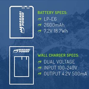 Wasabi Power LP-E6, LP-E6N Battery (2-Pack) and Charger for Canon EOS 5D Mark II/III/IV, 5DS, 5DS R, 6D, 6D Mark II, 7D, 7D Mark II, 60D, 70D, 80D, 90D, R, R5, R6, Ra, XC10, XC15, BMPCC 4K, BMPCC 6K