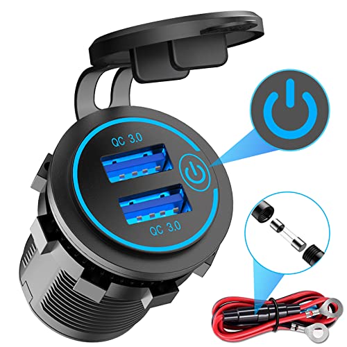 Quick Charge 3.0 Dual USB Charger Socket, Qidoe Waterproof 12V USB Outlet 36W Dual QC3.0 USB Power Socket with Touch Switch DIY Car USB Port for Car Boat Marine RV Motorcycle Bus Truck Golf Cart etc